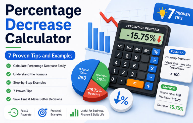 Percentage Decrease Calculator showing formula, examples, and 7 proven tips to calculate percentage decrease easily